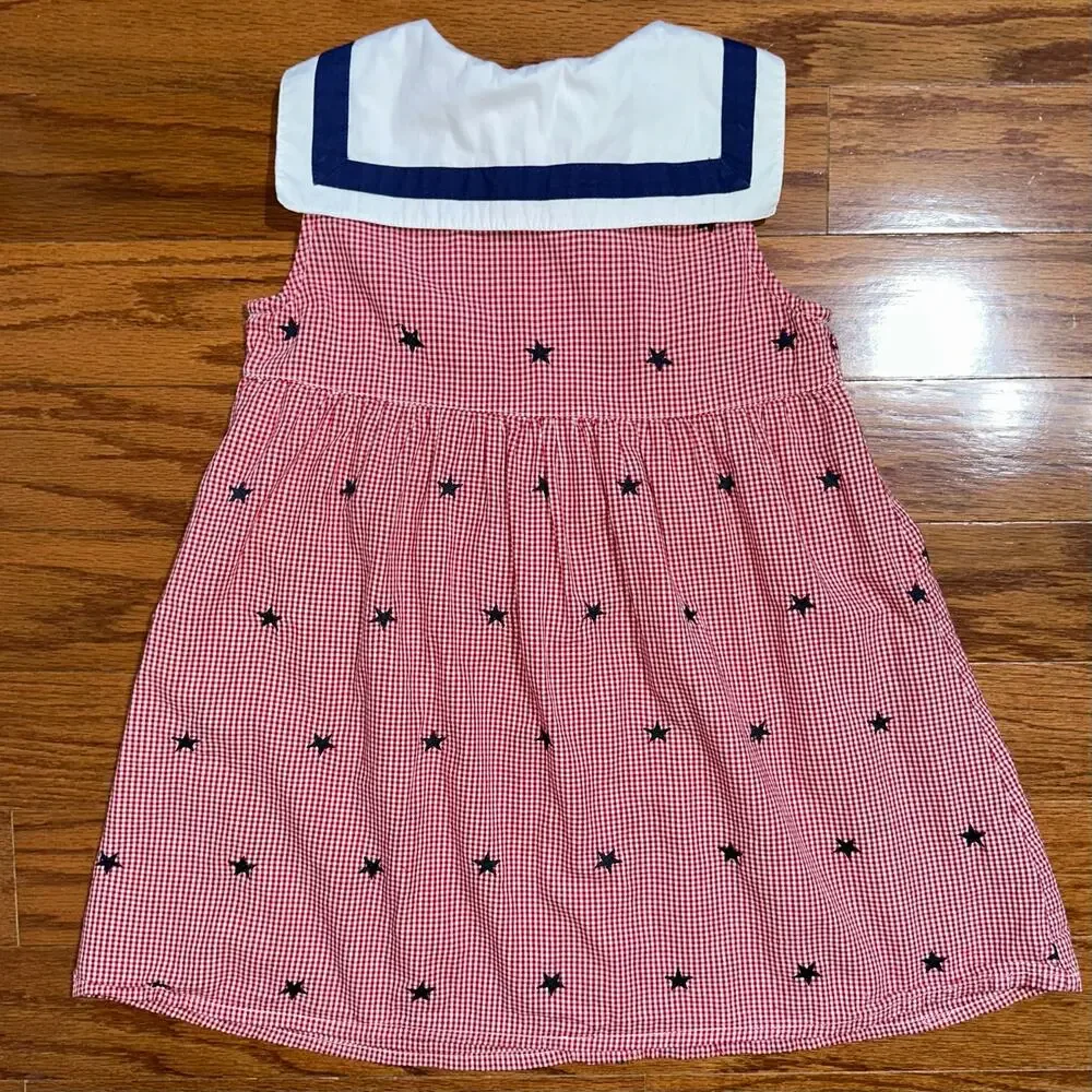 Vintage Toffee Apple Girls Red Gingham Patriotic Star Sailor Collar Dress Size 5